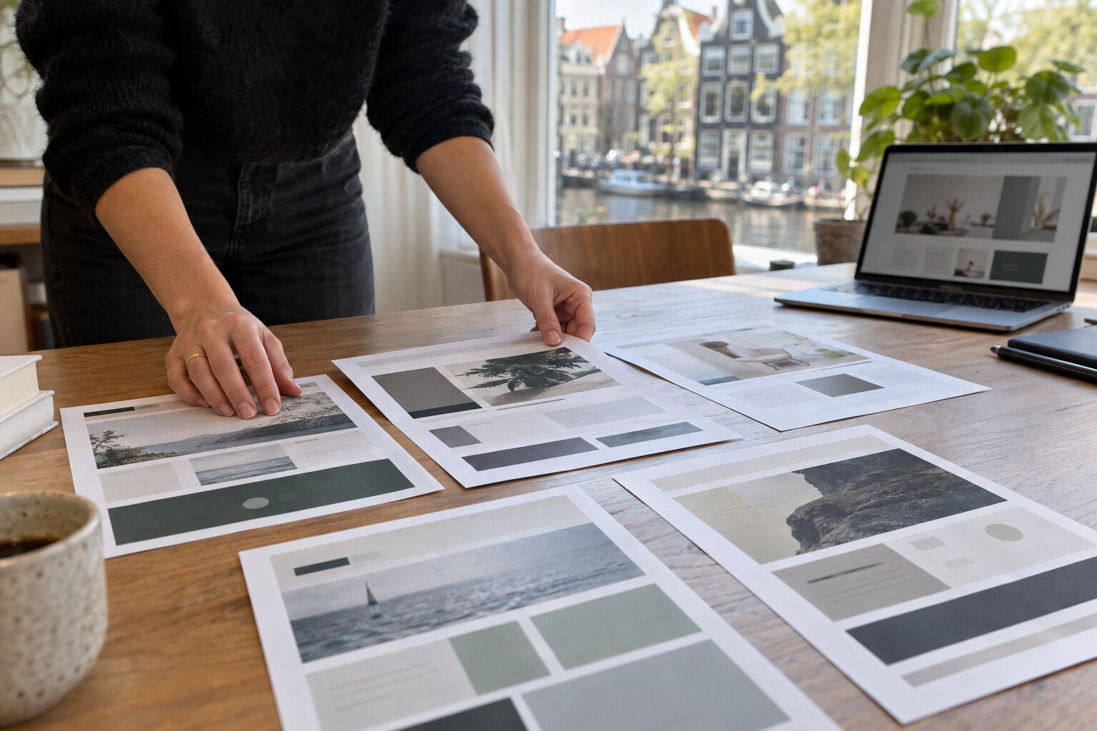 Ontwerper legt geprinte websiteontwerpen naast elkaar op een houten tafel bij een grachtenraam