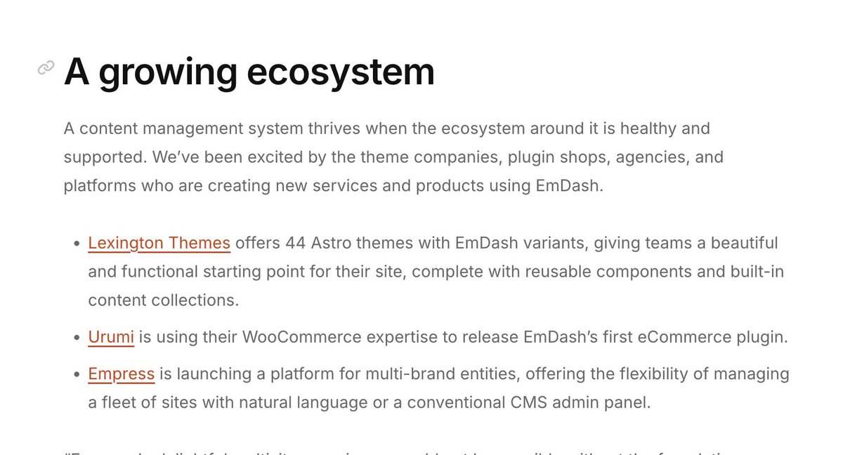 Screenshot van het blokje A growing ecosystem uit de Cloudflare-blog, met Lexington Themes, Urumi en Empress